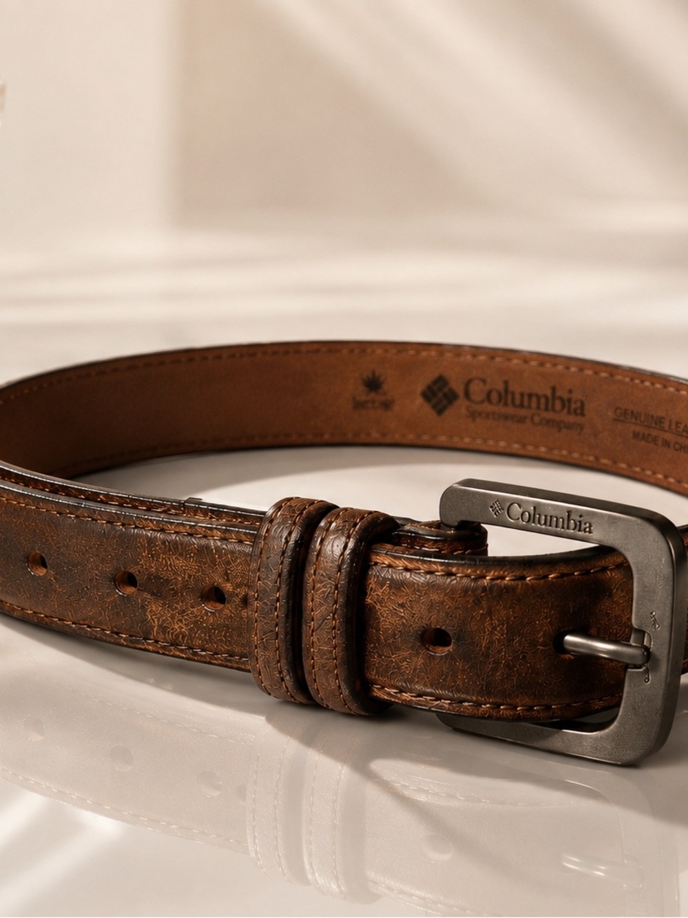 Columbia Men’s Genuine Leather Brown Belt Gunmetal Buckle Rugged Workwear 34-36